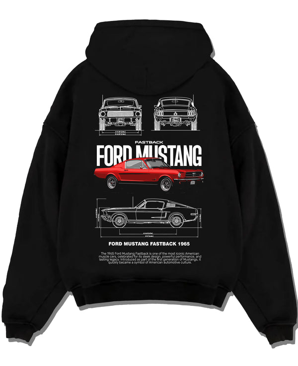 Black pullover hoodie laid flat on a white background, featuring Ford Mustang american muscle retro classic enthusiast graphic.