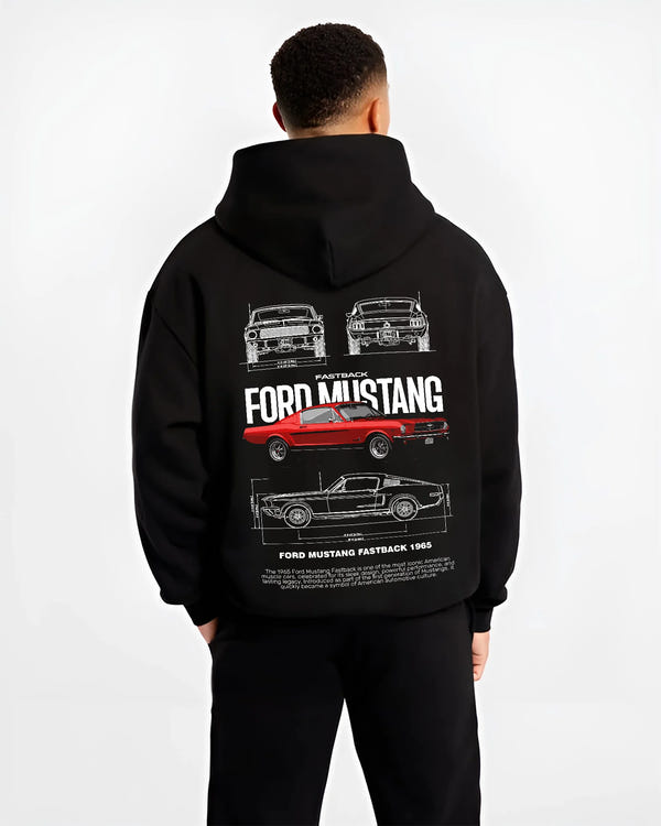 Black hoodie worn by a male model, back view, featuring Ford Mustang american muscle retro classic enthusiast racing graphic.