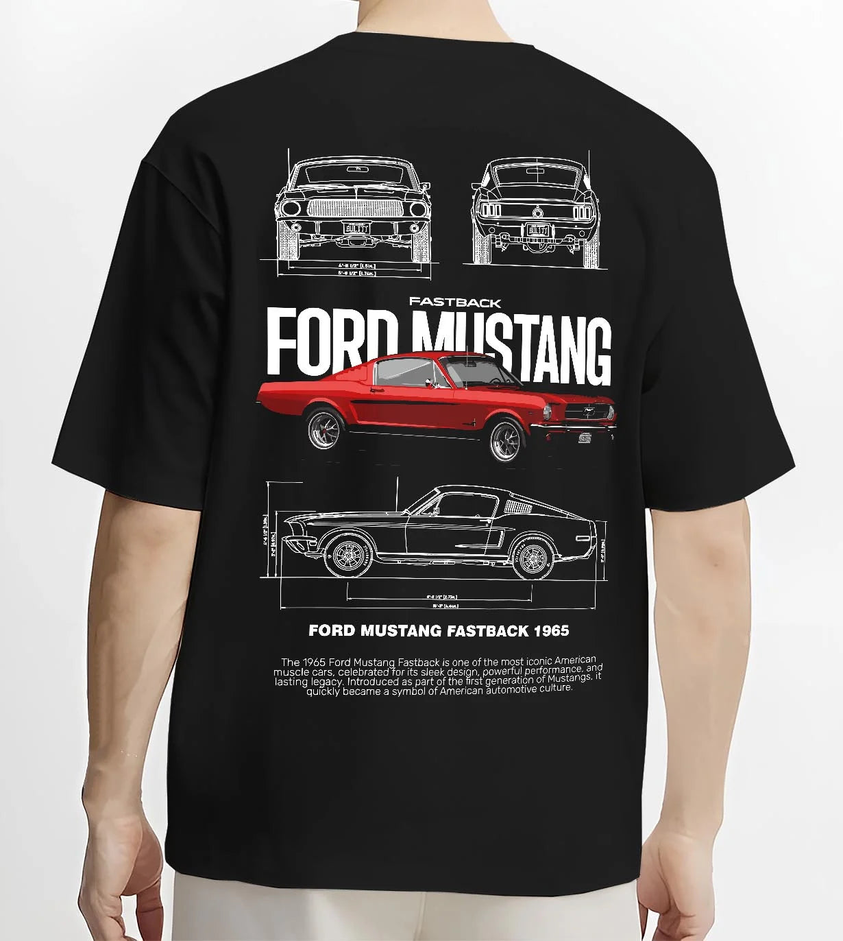 Black T-shirt worn by a male model, back view, featuring Ford Mustang american muscle retro classic enthusiast racing graphic.