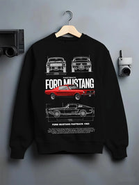 Black crewneck sweatshirt on a hanger against a grey wall, featuring Ford Mustang american muscle retro classic enthusiast graphic.