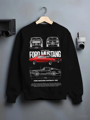 Black crewneck sweatshirt on a hanger against a grey wall, featuring Ford Mustang american muscle retro classic enthusiast graphic.
