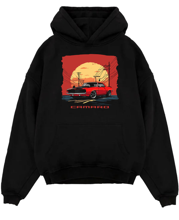 Black pullover hoodie laid flat on a white background, featuring racing drag american muscle street vintage classic graphic.