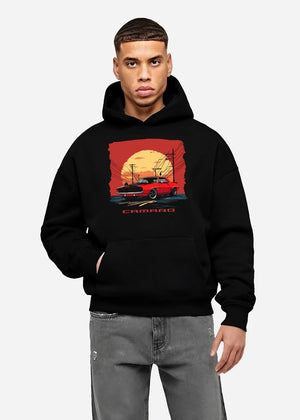 Black hoodie worn by a male model, front view, featuring racing drag american muscle street vintage classic performance graphic.