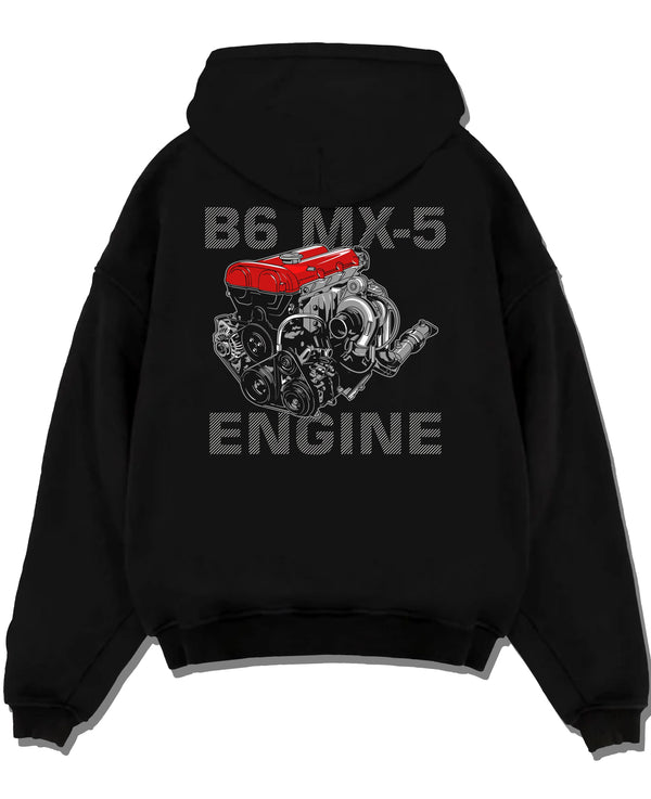Black pullover hoodie laid flat on a white background, featuring Mazda MX-5 jdm tuner street racing performance motorsport graphic.