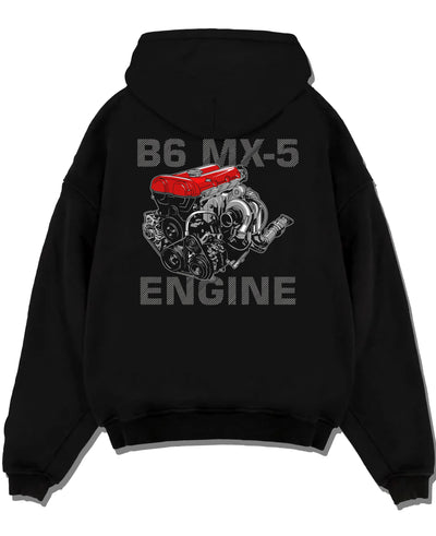 Black pullover hoodie laid flat on a white background, featuring Mazda MX-5 jdm tuner street racing performance motorsport graphic.