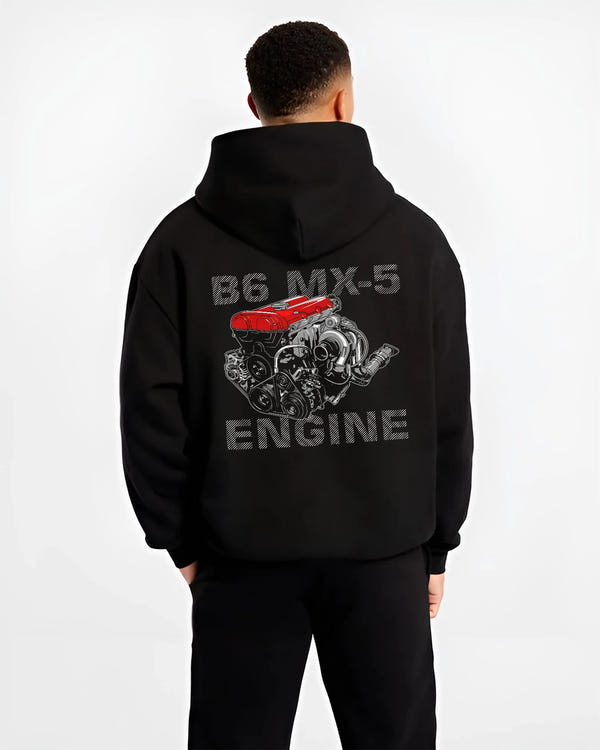 Black hoodie worn by a male model, back view, featuring Mazda MX-5 jdm tuner street racing performance motorsport graphic.