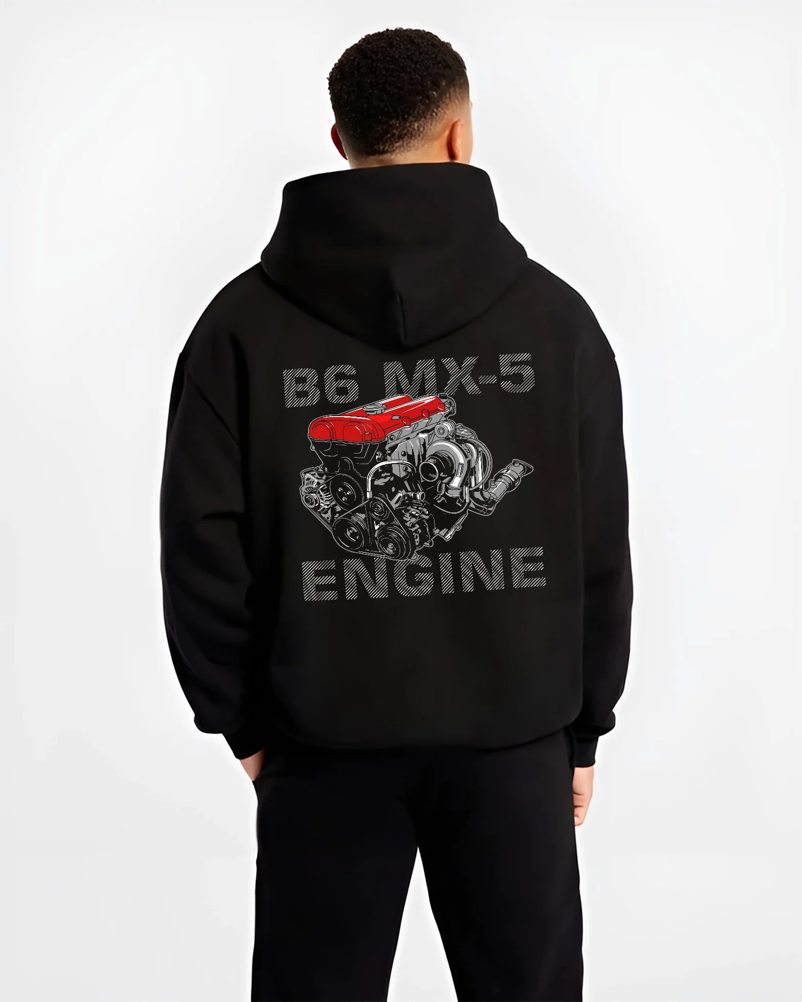 Black hoodie worn by a male model, back view, featuring Mazda MX-5 jdm tuner street racing performance motorsport graphic.