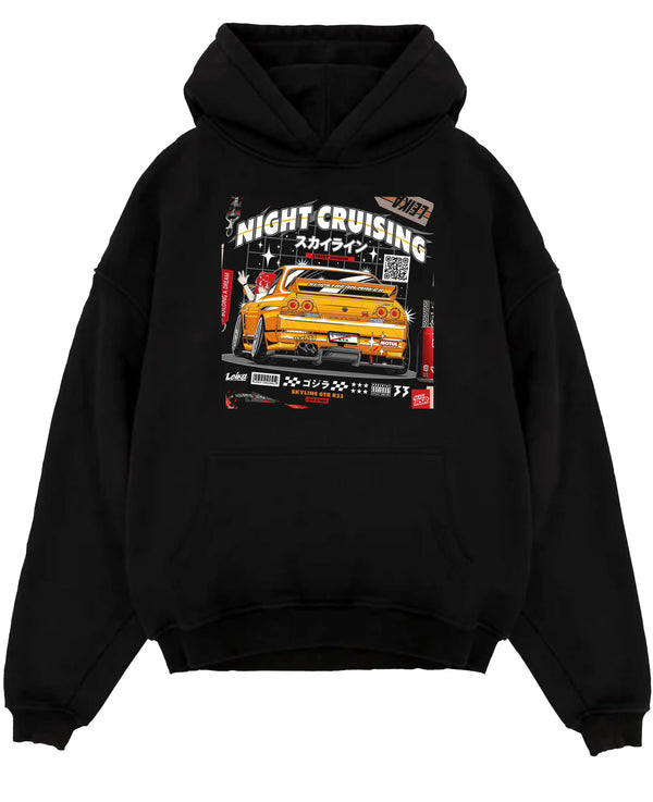 Black pullover hoodie laid flat on a white background, featuring racing drift jdm japanese tokyo street tokyo drift nght01.