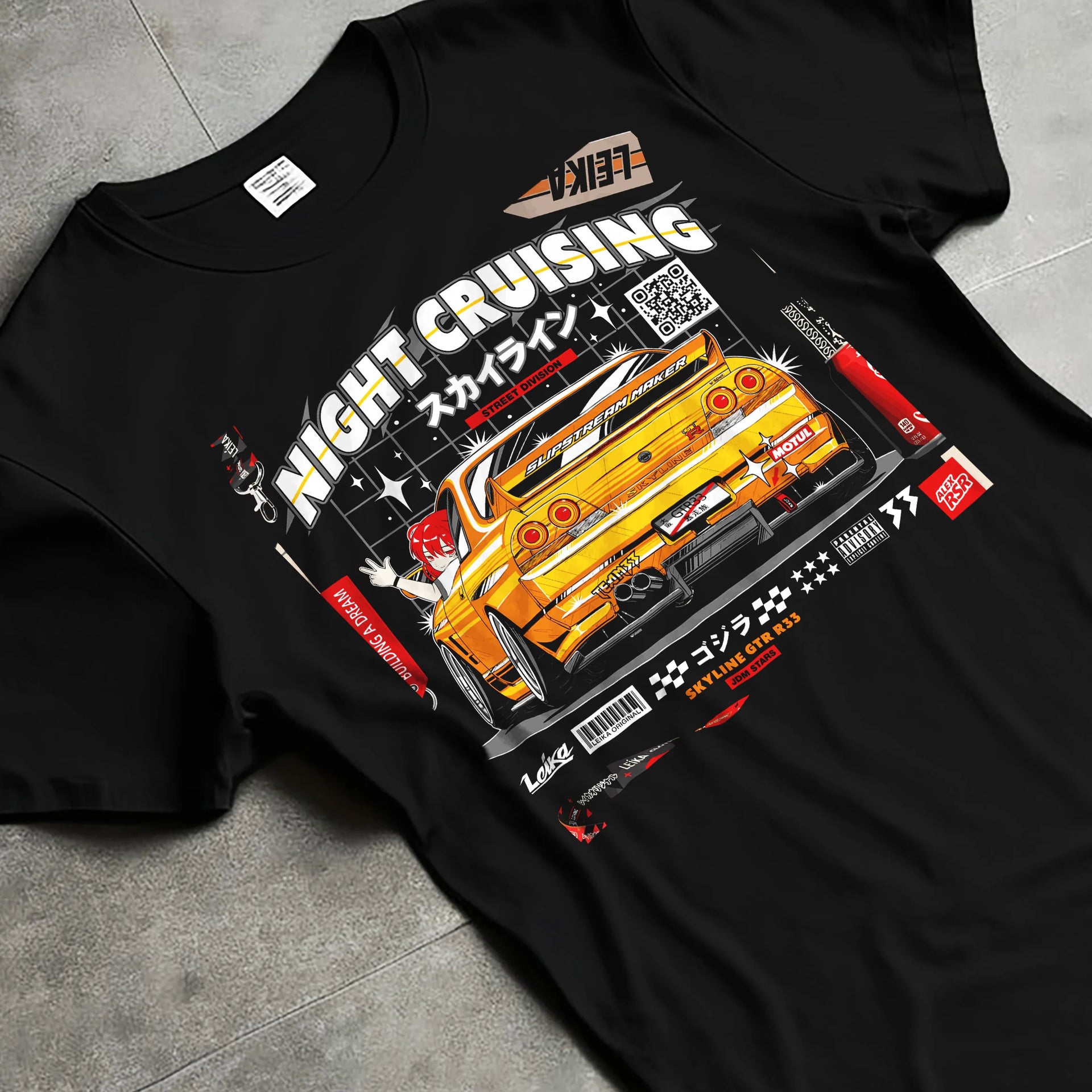 Black T-shirt laid flat with natural fabric folds, featuring racing drift jdm japanese tokyo street tokyo drift enthusiast nght01.