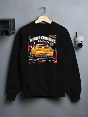 Black crewneck sweatshirt on a hanger against a grey wall, featuring racing drift jdm japanese tokyo street tokyo drift nght01.