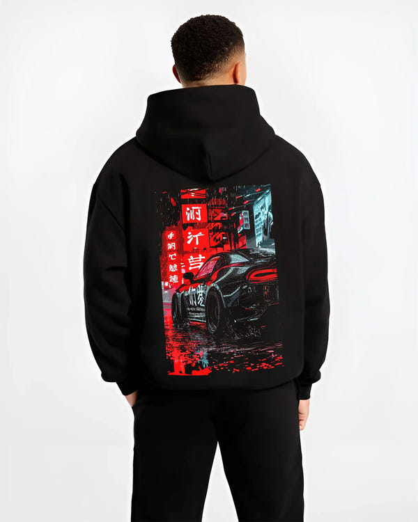 Black hoodie worn by a male model, back view, featuring racing drift jdm japanese street enthusiast performance motorsport graphic.