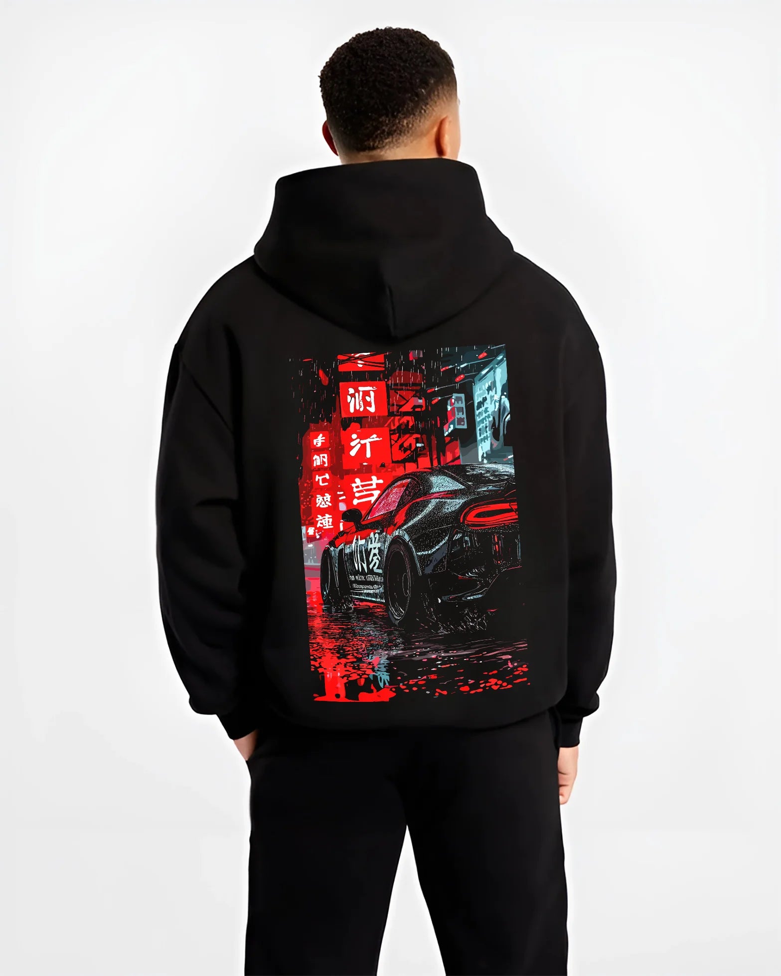 Black hoodie worn by a male model, back view, featuring racing drift jdm japanese street enthusiast performance motorsport graphic.