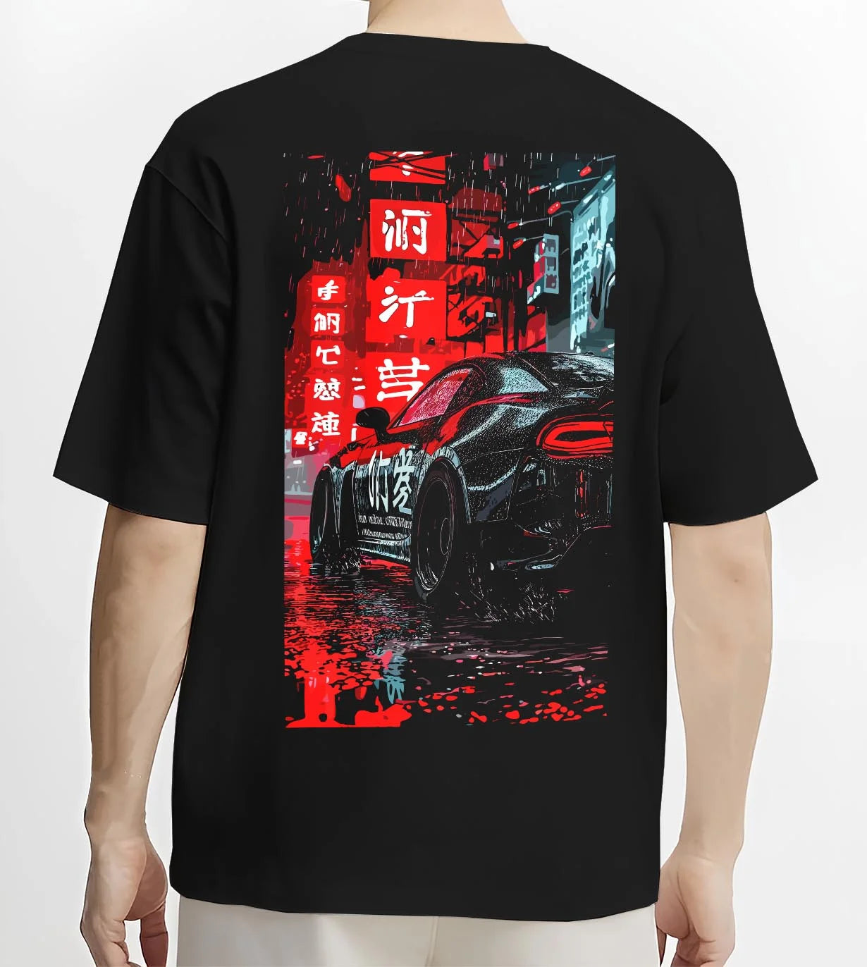 Black T-shirt worn by a male model, back view, featuring racing drift jdm japanese street enthusiast performance motorsport graphic.