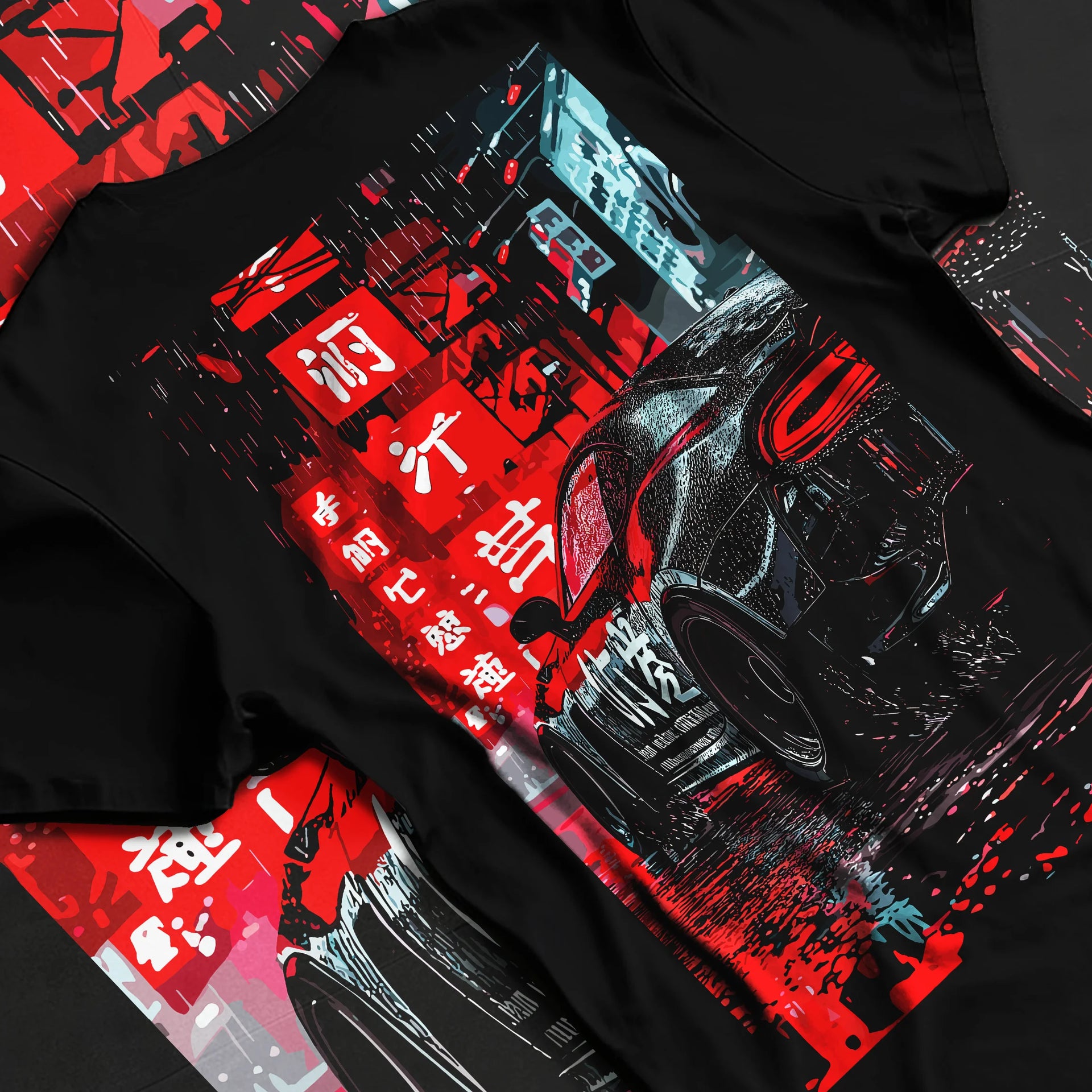 Black T-shirt laid flat with natural fabric folds, featuring racing drift jdm japanese street enthusiast performance graphic.