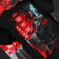 Black T-shirt laid flat with natural fabric folds, featuring racing drift jdm japanese street enthusiast performance graphic.