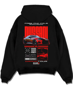 Black pullover hoodie laid flat on a white background, featuring Nissan Skyline rs turbo racing drift motorsport jdm graphic.