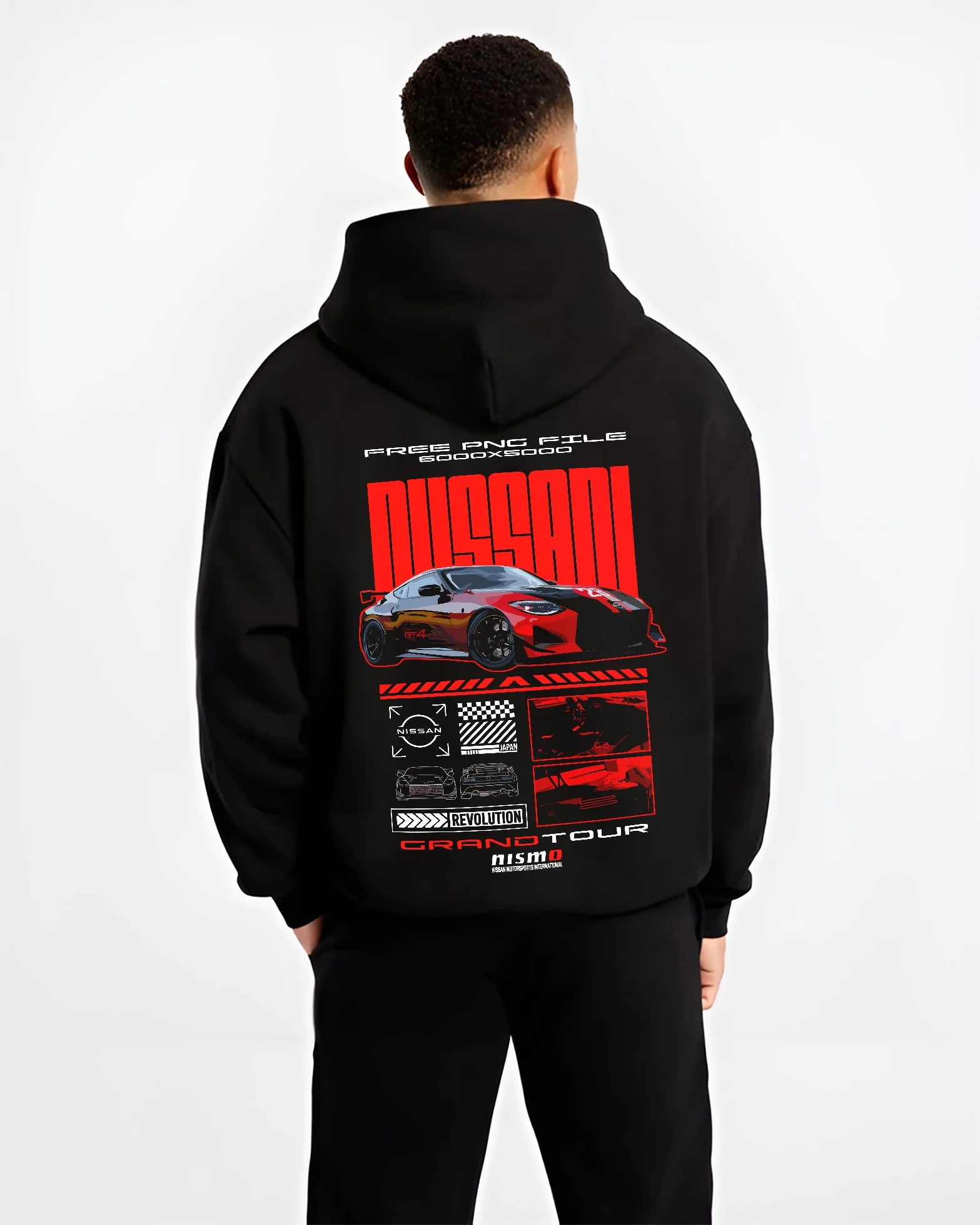 Black hoodie worn by a male model, back view, featuring Nissan Skyline rs turbo racing drift motorsport jdm japanese street graphic.