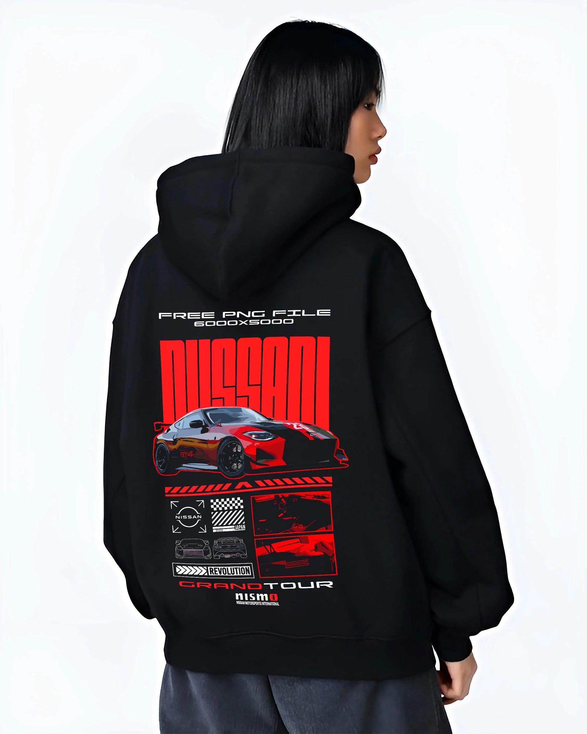 Black hoodie worn by a female model, back view, featuring Nissan Skyline rs turbo racing drift motorsport jdm japanese graphic.