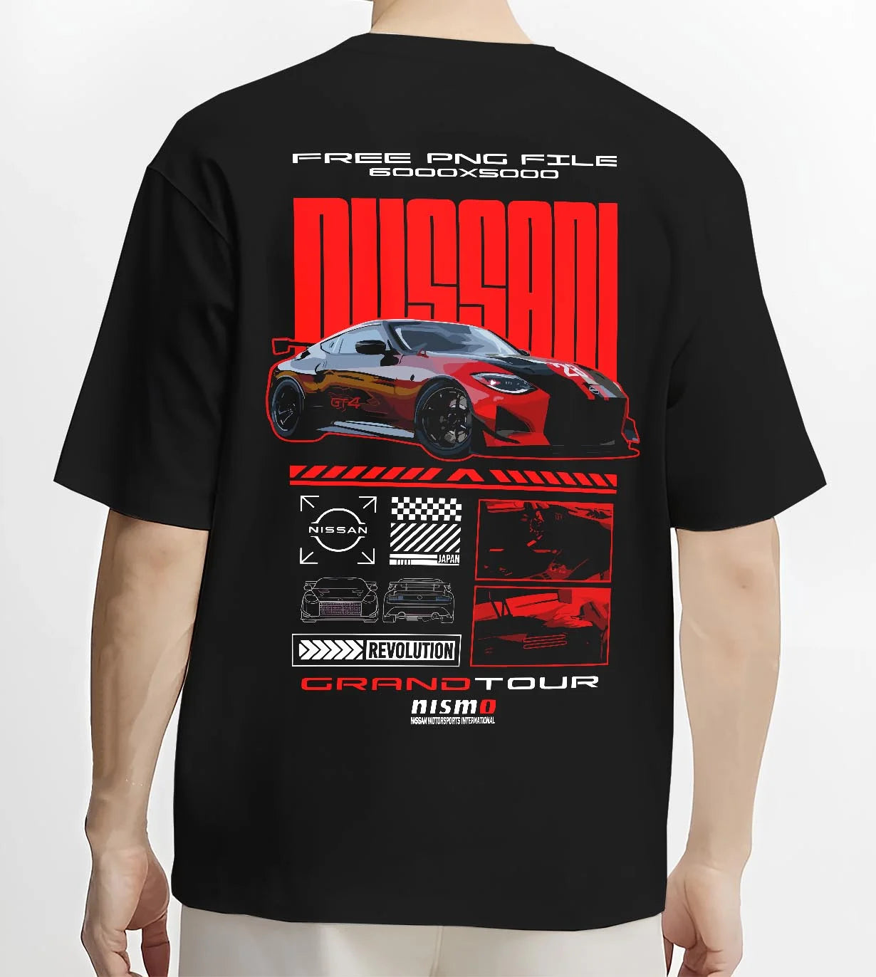 Black T-shirt worn by a male model, back view, featuring Nissan Skyline rs turbo racing drift motorsport jdm japanese graphic.