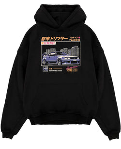Black pullover hoodie laid flat on a white background, featuring Nissan turbo turbocharged racing drift jdm japanese street graphic.