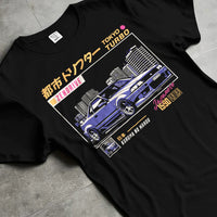 Black T-shirt laid flat with natural fabric folds, featuring Nissan turbo turbocharged racing drift jdm japanese street graphic.