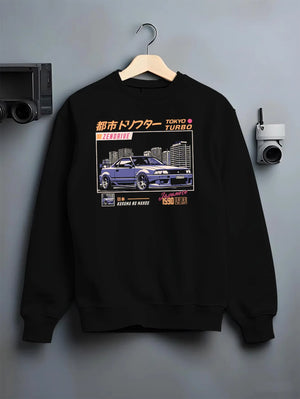 Black crewneck sweatshirt on a hanger against a grey wall, featuring Nissan turbo turbocharged racing drift jdm japanese graphic.