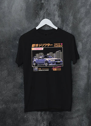 Black crewneck T-shirt on a hanger against a grey wall, featuring Nissan turbo turbocharged racing drift jdm japanese graphic.