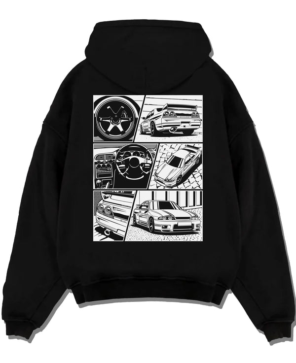 Black pullover hoodie laid flat on a white background, featuring Nissan Silvia S14 silvia turbo turbocharged racing drift graphic.