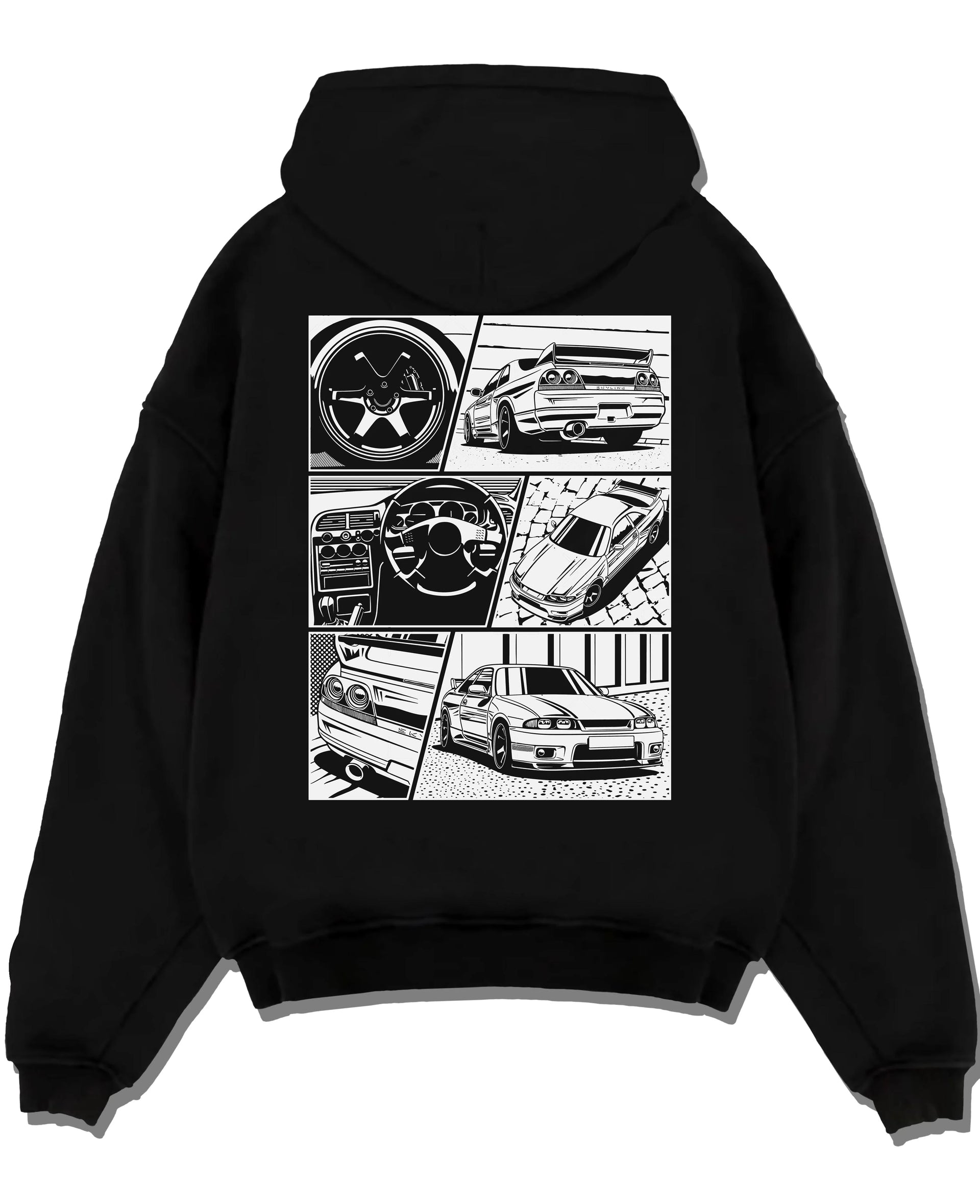 Black pullover hoodie laid flat on a white background, featuring Nissan Silvia S14 silvia turbo turbocharged racing drift graphic.