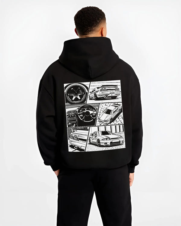 Black hoodie worn by a male model, back view, featuring Nissan Silvia S14 silvia turbo turbocharged racing drift jdm graphic.