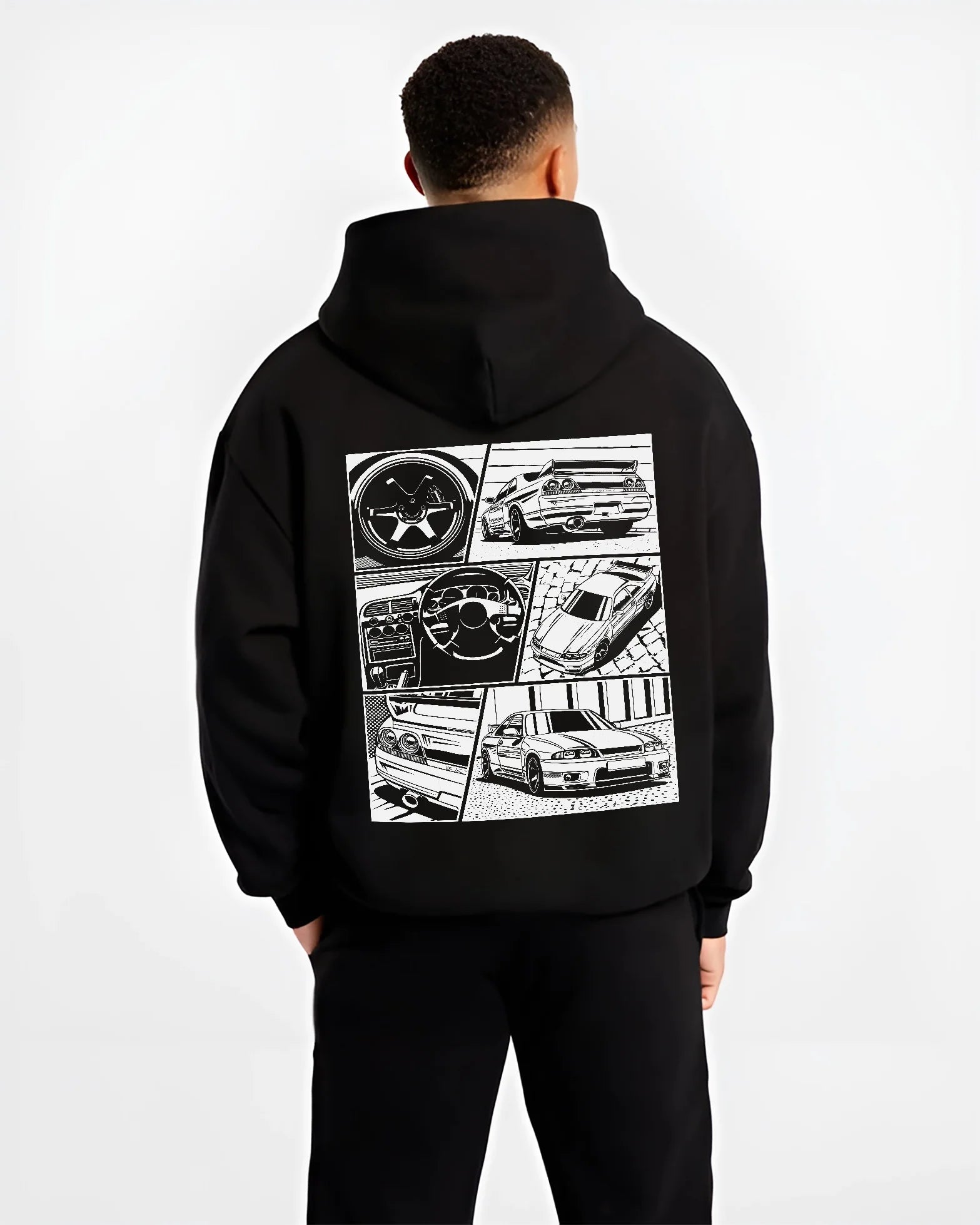 Black hoodie worn by a male model, back view, featuring Nissan Silvia S14 silvia turbo turbocharged racing drift jdm graphic.
