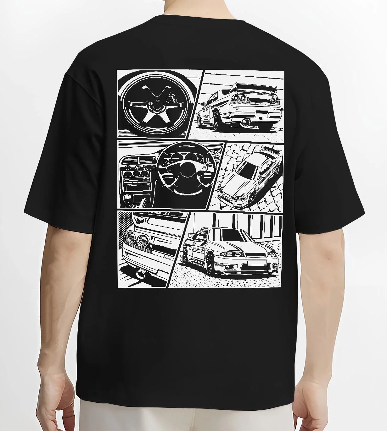 Black T-shirt worn by a male model, back view, featuring Nissan Silvia S14 silvia turbo turbocharged racing drift jdm graphic.