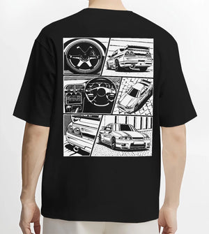 Black T-shirt worn by a male model, back view, featuring Nissan Silvia S14 silvia turbo turbocharged racing drift jdm graphic.