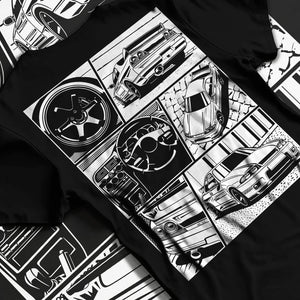 Black T-shirt laid flat with natural fabric folds, featuring Nissan Silvia S14 silvia turbo turbocharged racing drift jdm graphic.