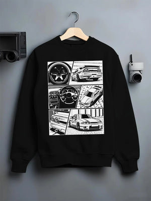 Black crewneck sweatshirt on a hanger against a grey wall, featuring Nissan Silvia S14 silvia turbo turbocharged racing graphic.