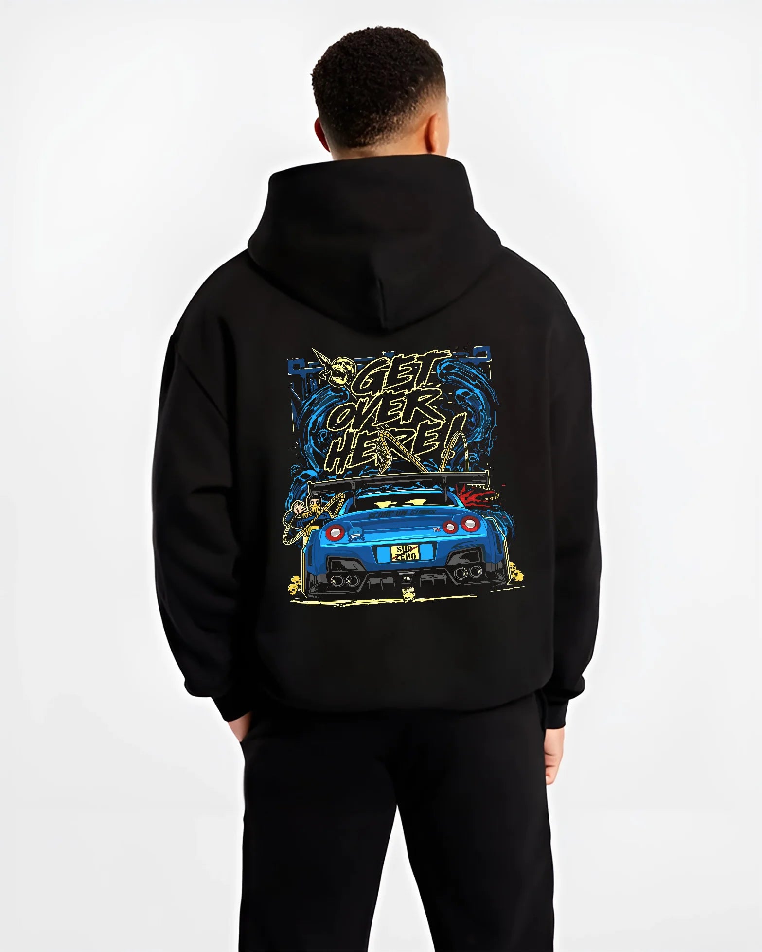 Black hoodie worn by a male model, back view, featuring Nissan 350Z turbo turbocharged racing drift jdm japanese tuner graphic.