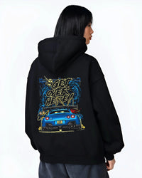 Black hoodie worn by a female model, back view, featuring Nissan 350Z turbo turbocharged racing drift jdm japanese tuner graphic.