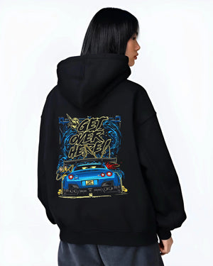Black hoodie worn by a female model, back view, featuring Nissan 350Z turbo turbocharged racing drift jdm japanese tuner graphic.