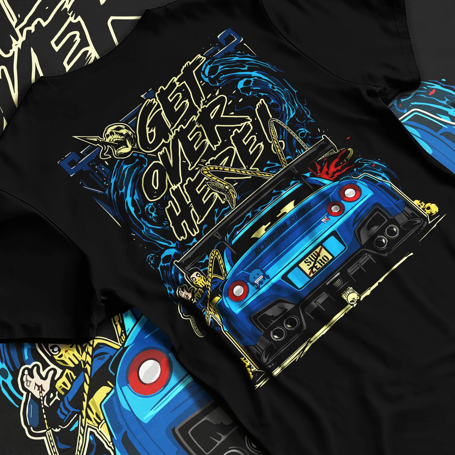 Black T-shirt laid flat with natural fabric folds, featuring Nissan 350Z turbo turbocharged racing drift jdm japanese tuner graphic.