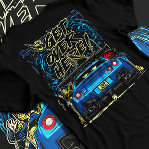 Black T-shirt laid flat with natural fabric folds, featuring Nissan 350Z turbo turbocharged racing drift jdm japanese tuner graphic.