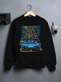 Black crewneck sweatshirt on a hanger against a grey wall, featuring Nissan 350Z turbo turbocharged racing drift jdm graphic.