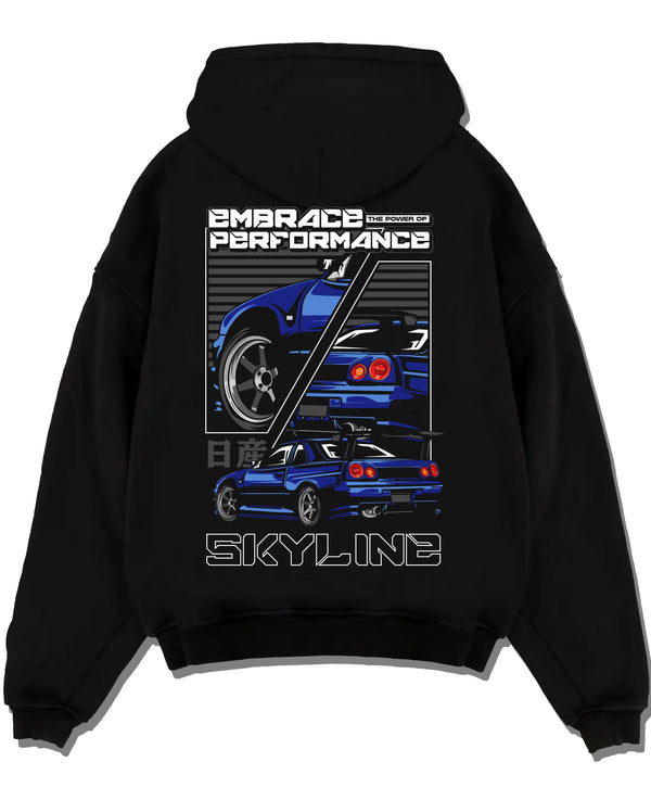 Black pullover hoodie laid flat on a white background, featuring Nissan Skyline R34 r34 skyline turbo jdm legend racing graphic.