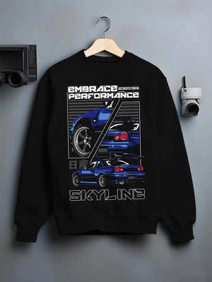Black crewneck sweatshirt on a hanger against a grey wall, featuring Nissan Skyline R34 r34 skyline turbo jdm legend racing graphic.