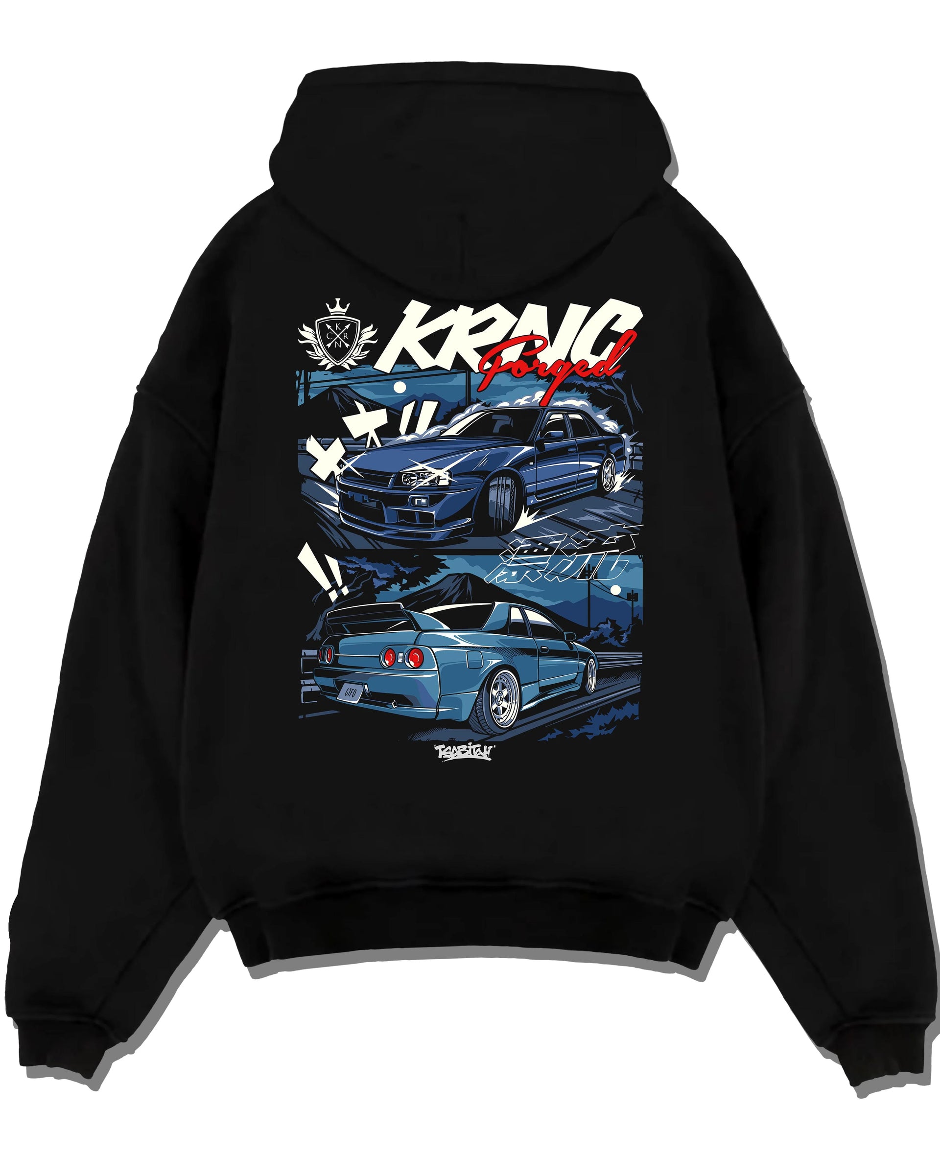 Black pullover hoodie laid flat on a white background, featuring Nissan Skyline R34 r34 skyline drift jdm legend racing graphic.