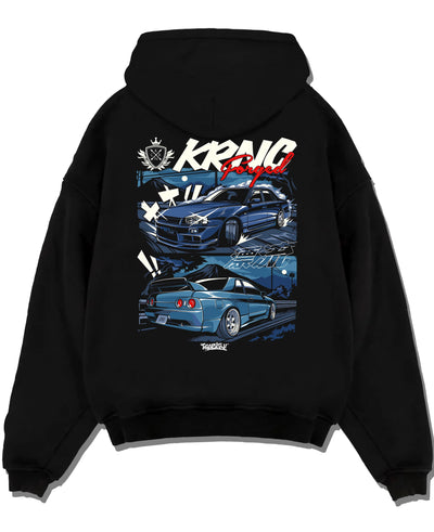 Black pullover hoodie laid flat on a white background, featuring Nissan Skyline R34 r34 skyline drift jdm legend racing graphic.