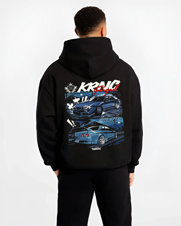Black hoodie worn by a male model, back view, featuring Nissan Skyline R34 r34 skyline drift jdm legend racing graphic.