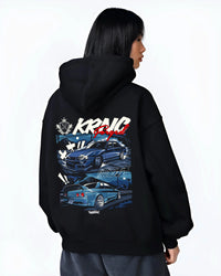 Black hoodie worn by a female model, back view, featuring Nissan Skyline R34 r34 skyline drift jdm legend racing graphic.