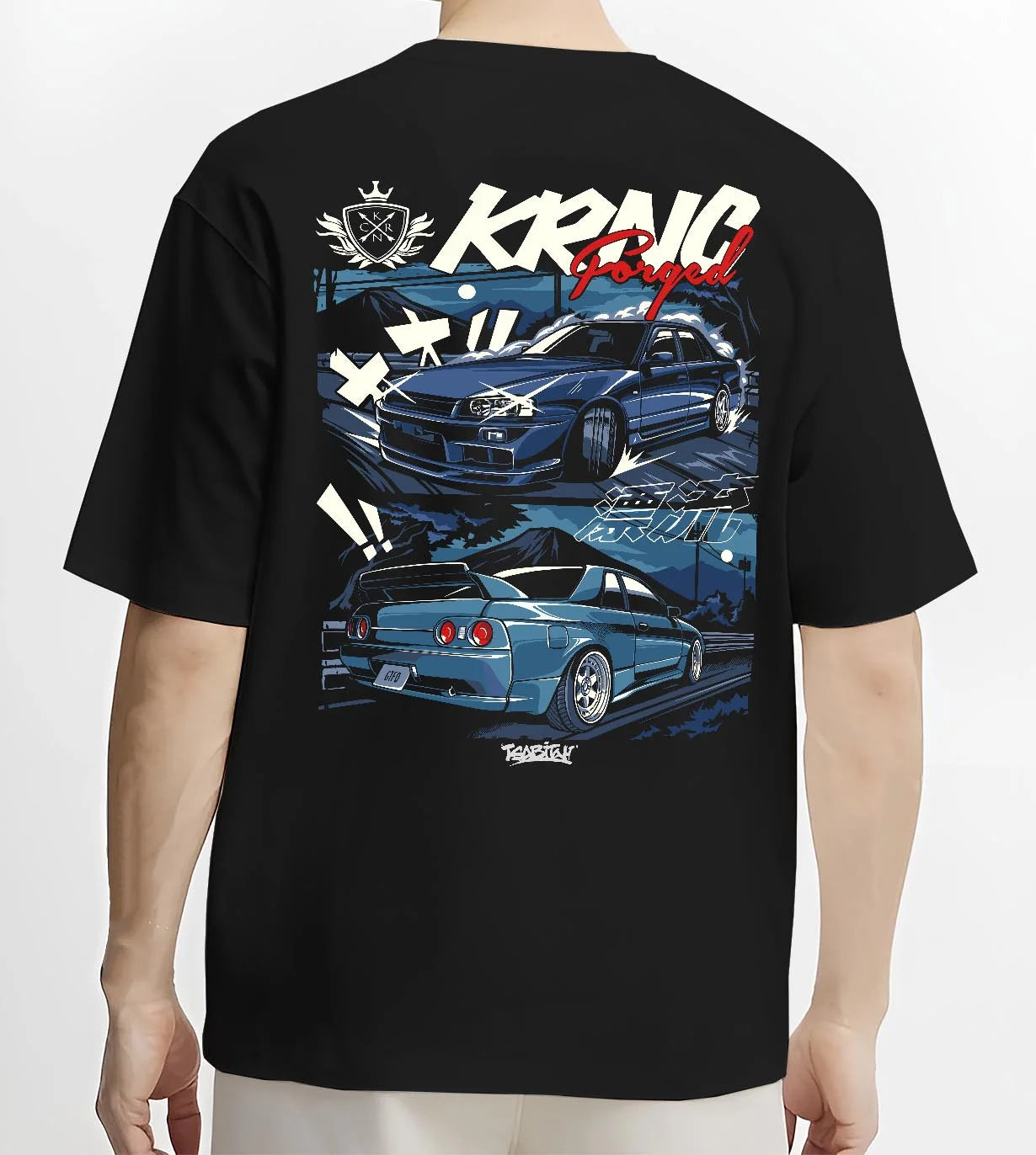 Black T-shirt worn by a male model, back view, featuring Nissan Skyline R34 r34 skyline drift jdm legend racing graphic.