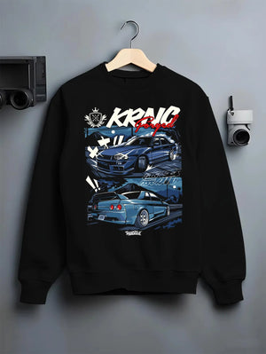 Black crewneck sweatshirt on a hanger against a grey wall, featuring Nissan Skyline R34 r34 skyline drift jdm legend racing graphic.