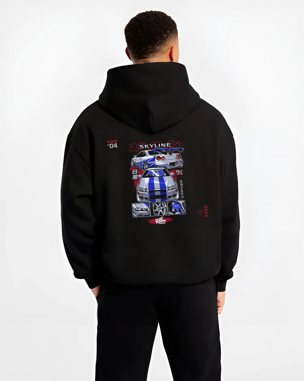 Black hoodie worn by a male model, back view, featuring Nissan Skyline R34 gt r r34 skyline drift jdm racing graphic.